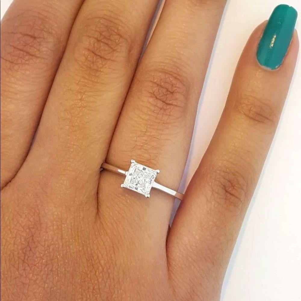 Real 14K Solid White Gold Diamond Engagement Ring - Picture 1 of 8